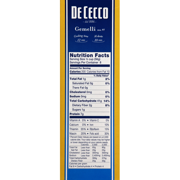 De Cecco Pasta Gemelli #97 Pasta 3-1lb Boxes back package image - Pops Trading Company