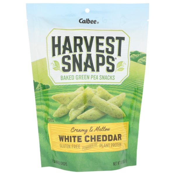 Calbee Harvest Snaps White Cheddar Green Pea Crisps 3 oz front package image - Pops Trading Company