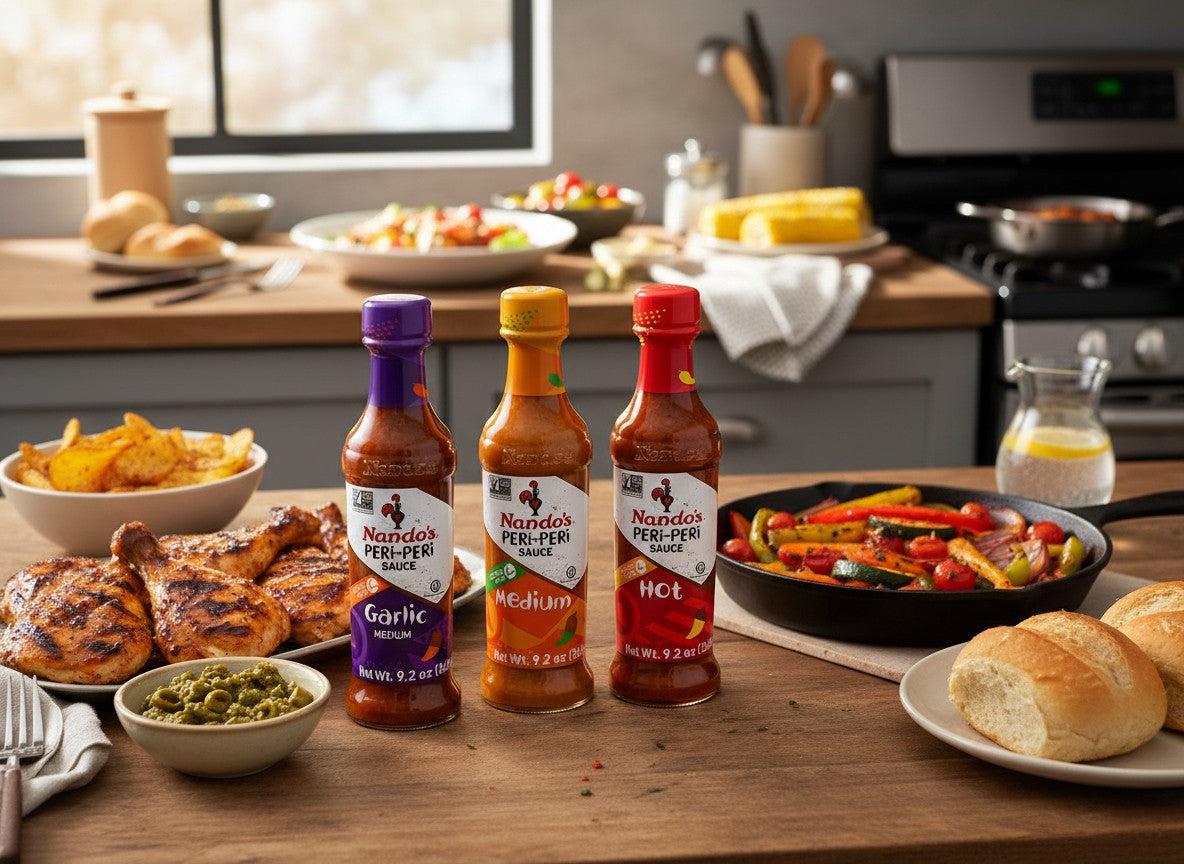 Nando’s PERi-PERi Garlic, Medium, and Hot sauces on a kitchen table with grilled chicken, roasted vegetables, potato wedges, bread rolls, and dipping sauce.
