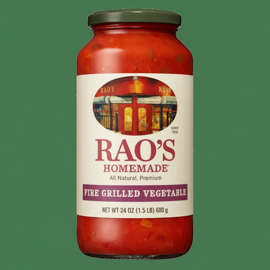 Pops Trading Company Rao's Homemade Fire Grilled Vegetable Sauce in a 24 oz glass jar with a red sauce and visible chunks of grilled vegetables.