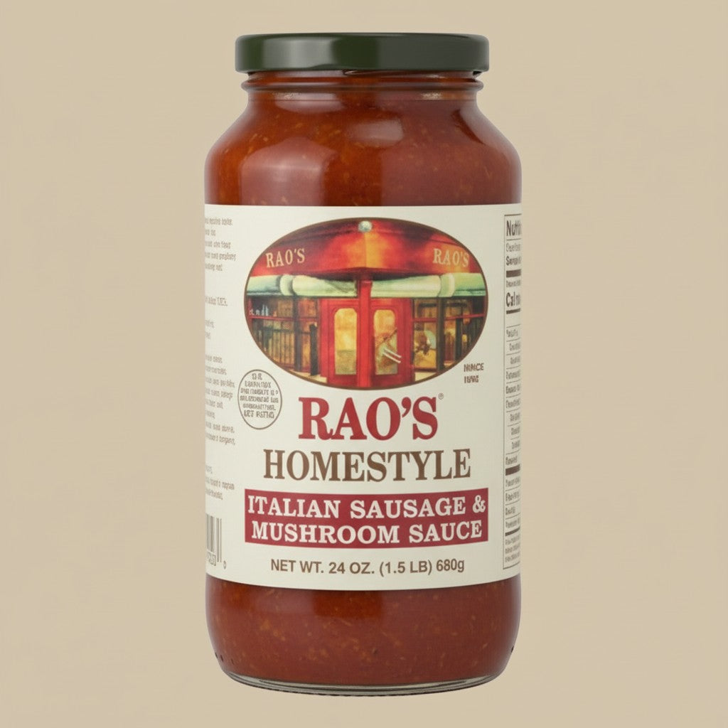 Pops Trading Company Rao's Homestyle Italian Sausage & Mushroom Sauce 24 oz jar. Savory sauce with sweet sausage and mushrooms.