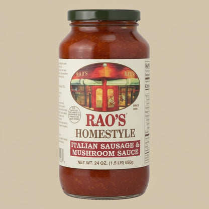 Pops Trading Company Rao's Homestyle Italian Sausage & Mushroom Sauce 24 oz jar. Savory sauce with sweet sausage and mushrooms.